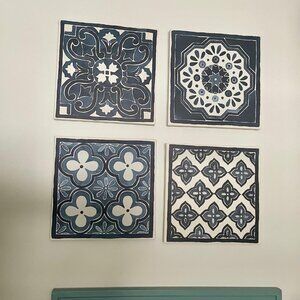 Blue & White Tile Wall Art Set Mediterranean Ceramic Inspired Panels Coastal